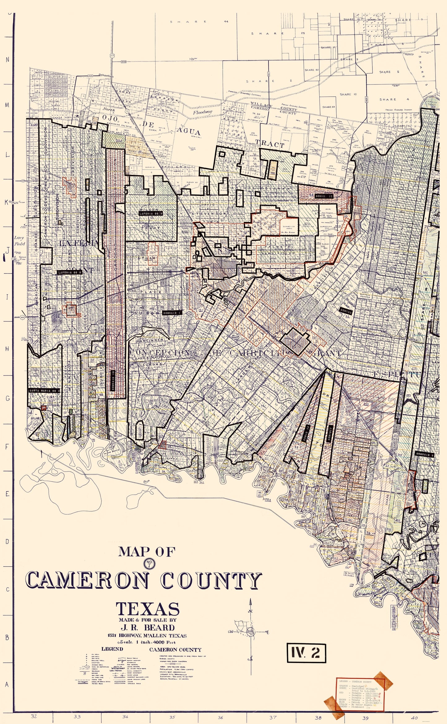 Historic County Map - Cameron County Texas Pt 1 - Beard 1956 - 23 x 37.24 - Vintage Wall Art