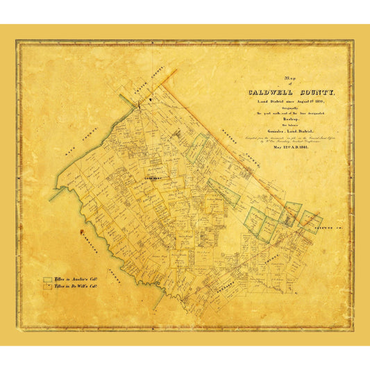 Historic County Map - Caldwell County Texas - Rosenberg 1861 - 26.43 x 23 - Vintage Wall Art