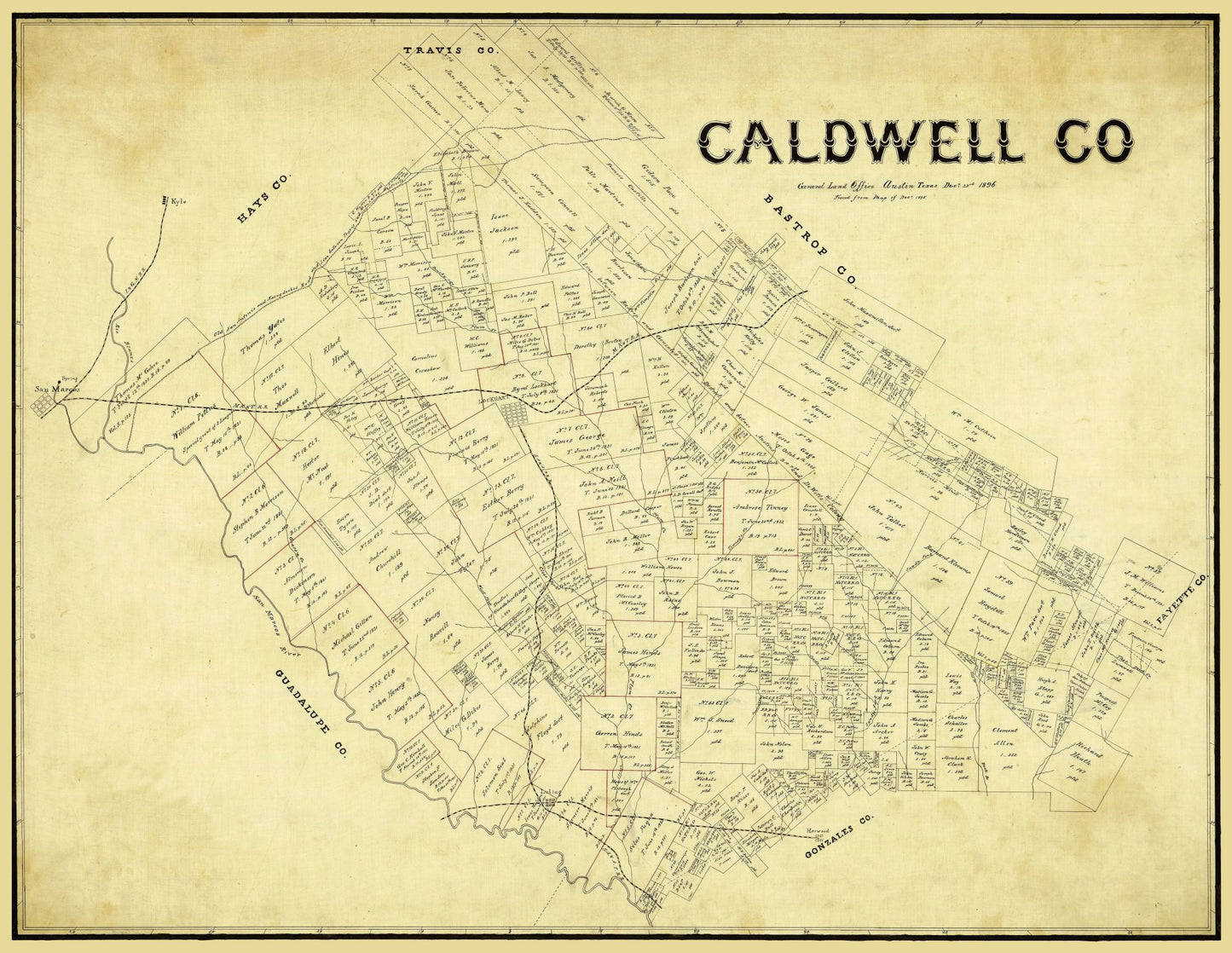 Historic County Map - Caldwell County Texas - General Land Office 1896 - 29.74 x 23 - Vintage Wall Art
