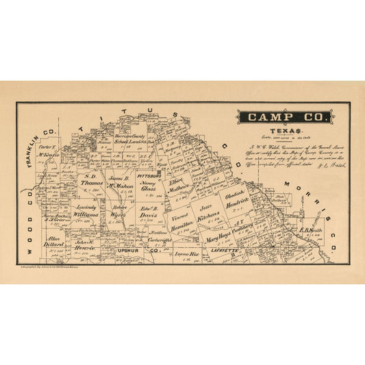 Historic County Map - Camp County Texas - Walsh 1879 - 41.23 x 23 - Vintage Wall Art