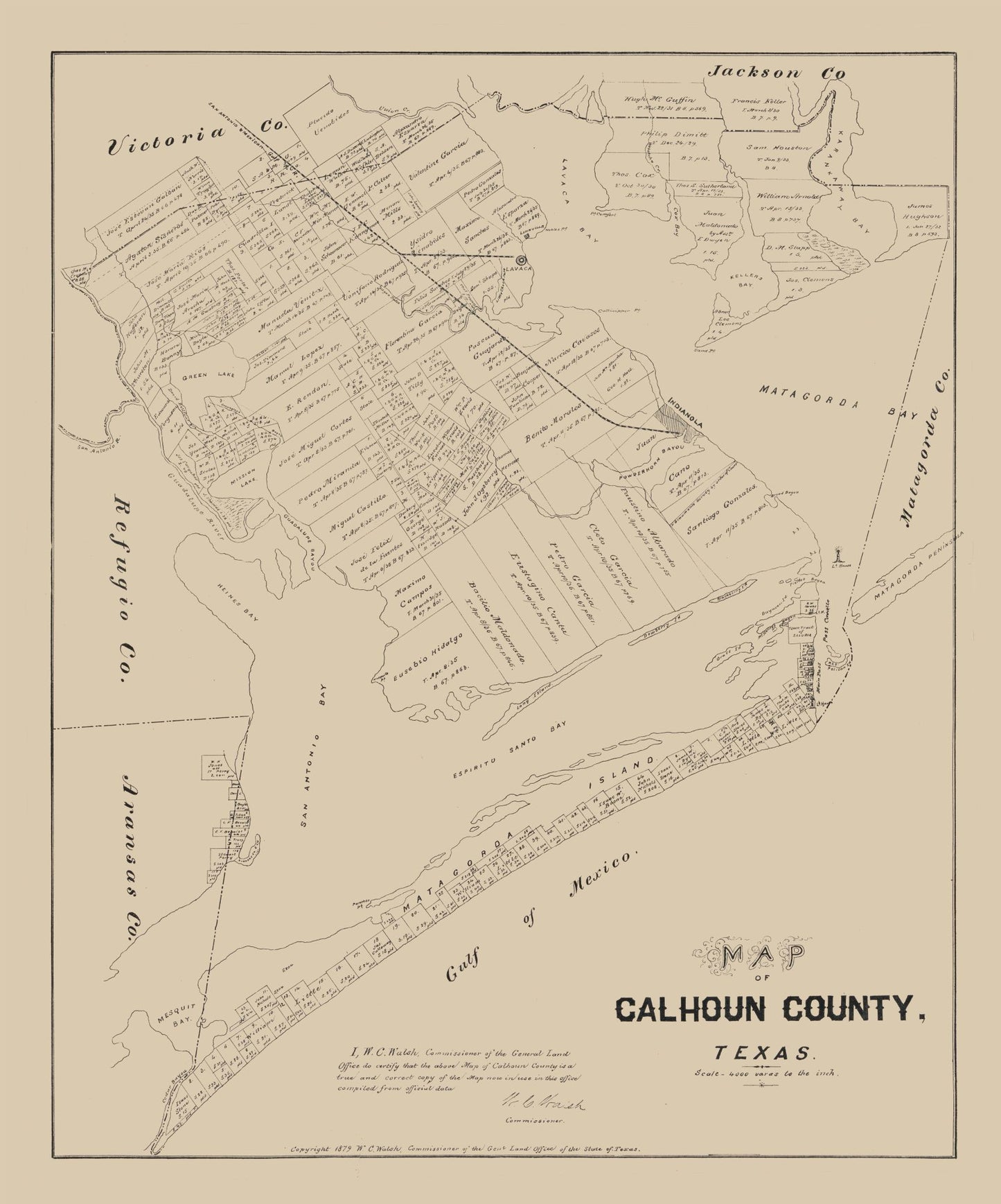 Historic County Map - Calhoun County Texas - Walsh 1879 - 23 x 27.64 - Vintage Wall Art