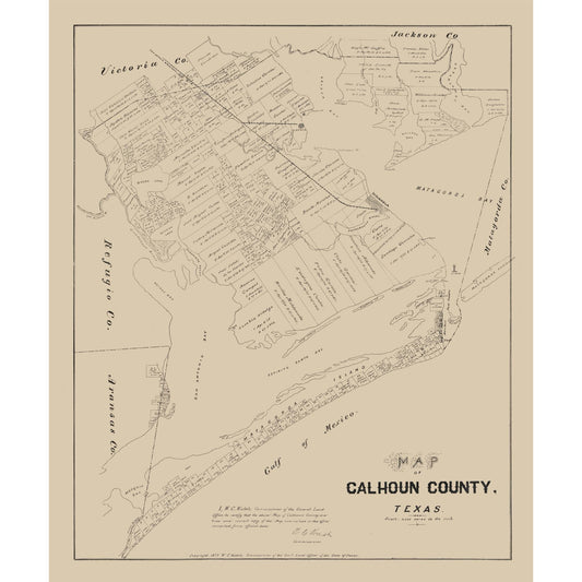 Historic County Map - Calhoun County Texas - Walsh 1879 - 23 x 27.64 - Vintage Wall Art