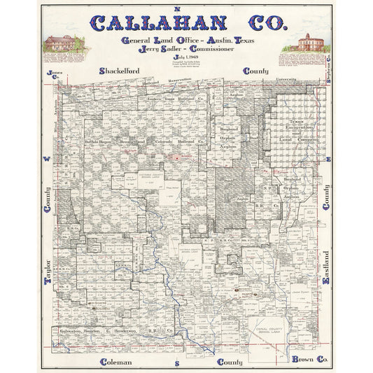 Historic County Map - Callahan County Texas - Sadler 1869 - 23 x 28.68 - Vintage Wall Art