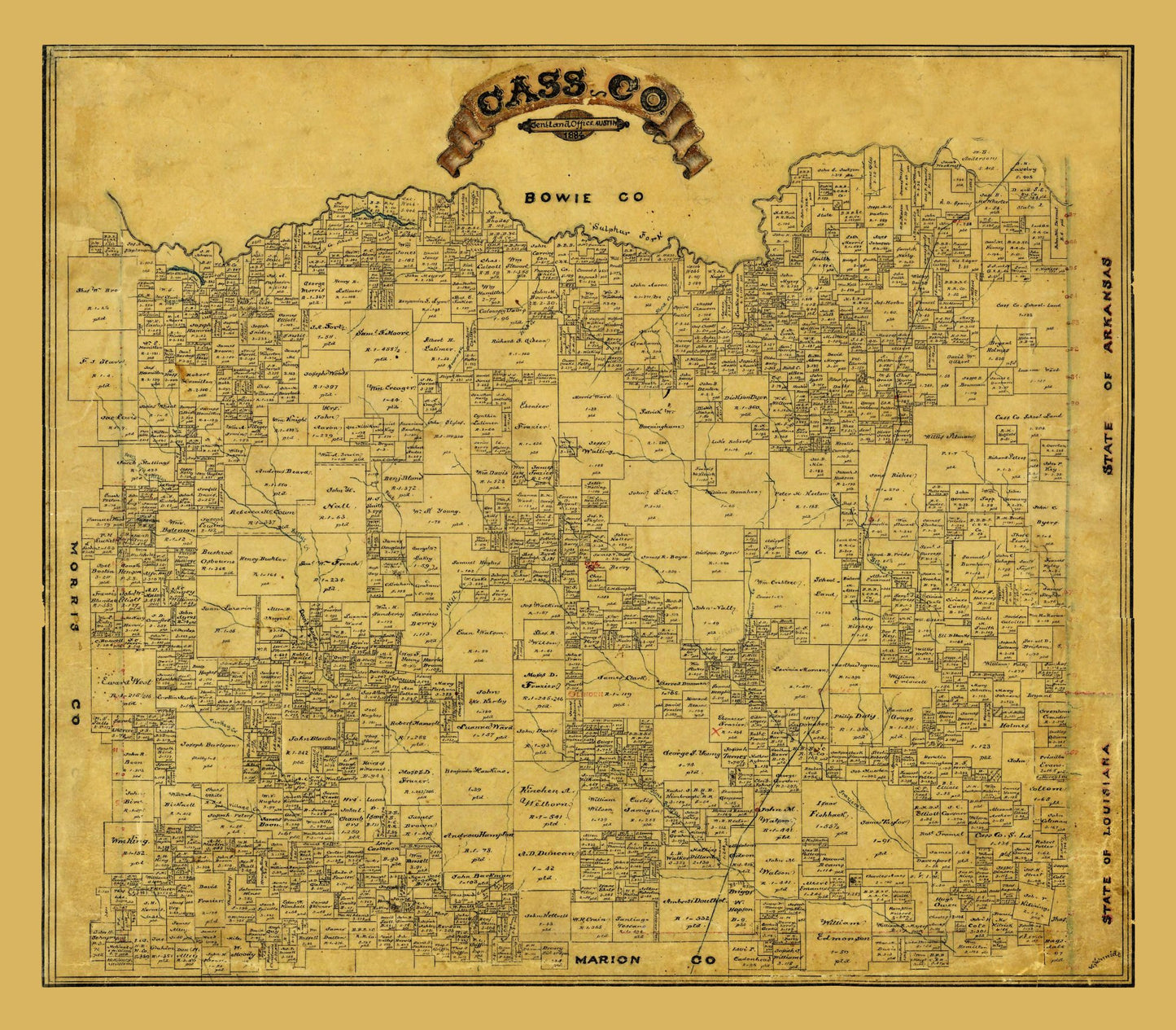 Historic County Map - Cass County Texas - General Land Office 1884 - 26.27 x 23 - Vintage Wall Art