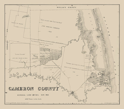 Historic County Map - Cameron County Texas - Giles 1913 - 26.18 x 23 - Vintage Wall Art