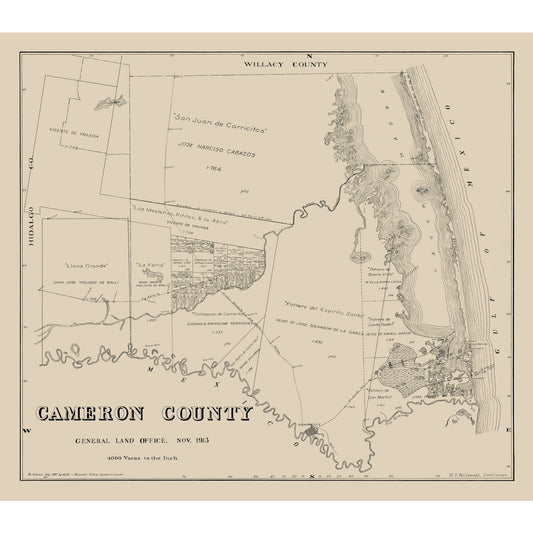 Historic County Map - Cameron County Texas - Giles 1913 - Vintage Wall Art