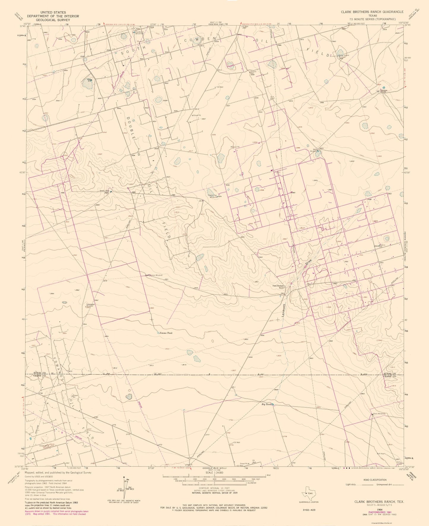 Topographical Map - Clark Brothers Ranch Texas Quad - USGS 1981 - 23 x 28.24 - Vintage Wall Art