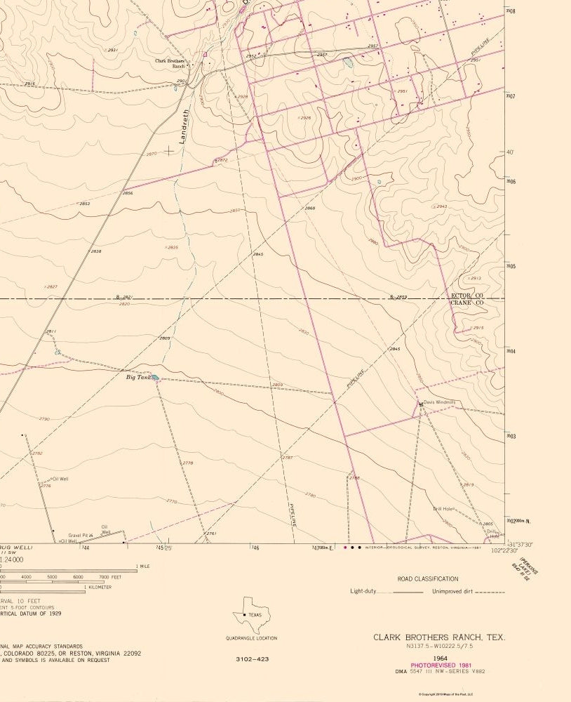 Topographical Map - Clark Brothers Ranch Texas Quad - USGS 1981 - 23 x 28.24 - Vintage Wall Art