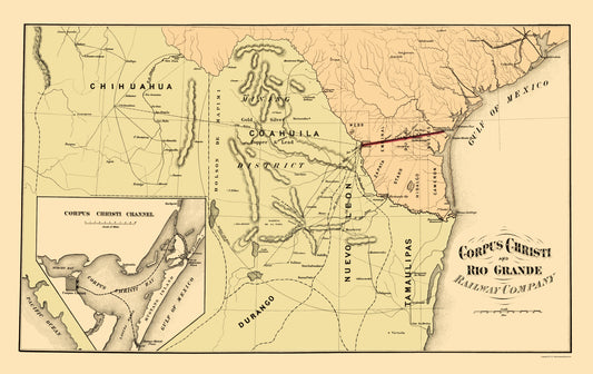 Railroad Map - Corpus Christi and Rio Grande Railway 1874 - 23 x 36.53 - Vintage Wall Art