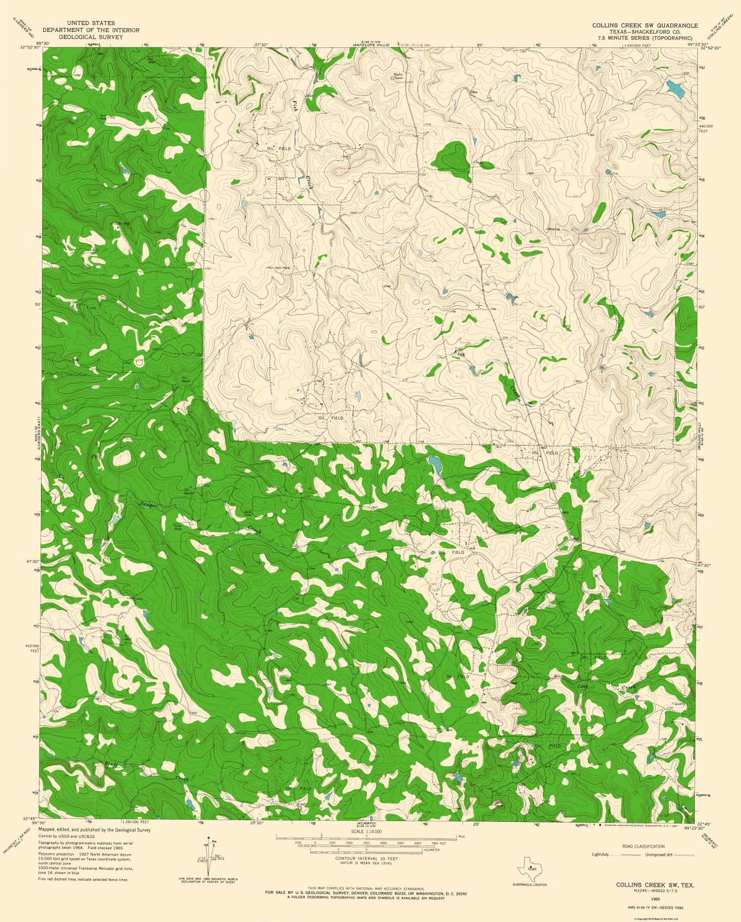 Topographical Map - Collins Creek SW Texas Quad - USGS 1965 - 23 x 28.62 - Vintage Wall Art