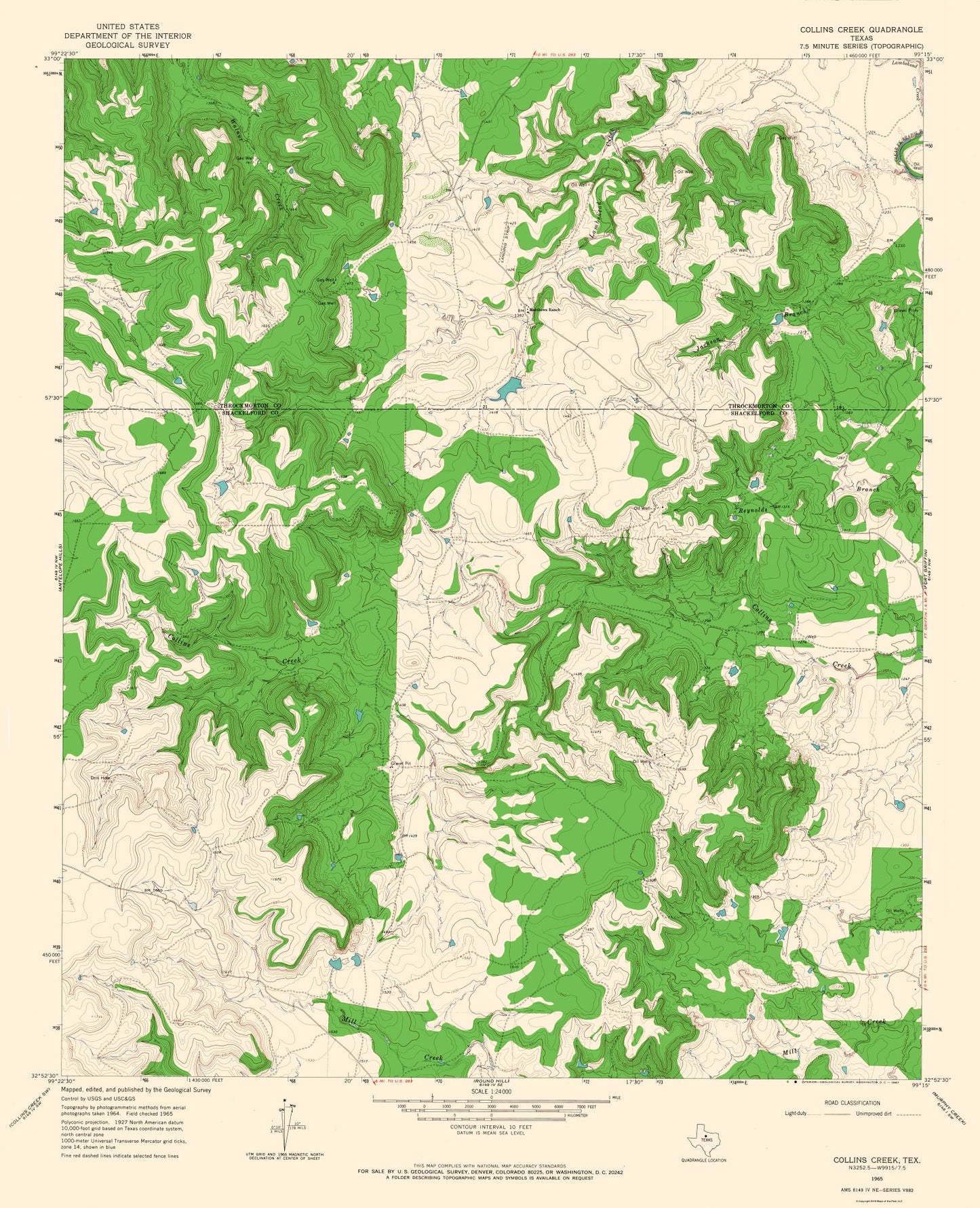 Topographical Map - Collins Creek Texas Quad - USGS 1965 - 23 x 28.32 - Vintage Wall Art