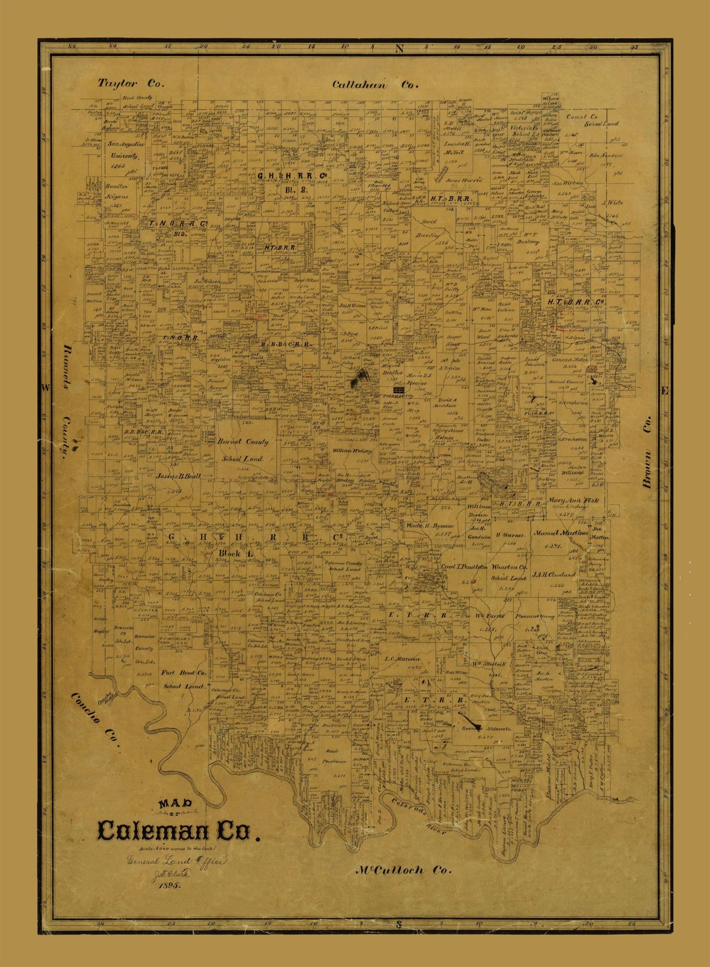 Historic County Map - Coleman County Texas - Clark 1895 - 23 x 31.34 - Vintage Wall Art