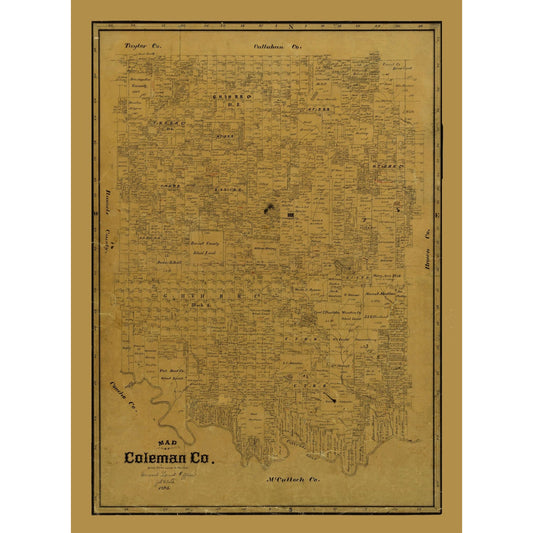 Historic County Map - Coleman County Texas - Clark 1895 - Vintage Wall Art