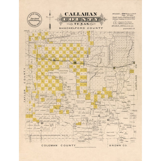 Historic County Map - Callahan County Texas - Gast 1870 - Vintage Wall Art