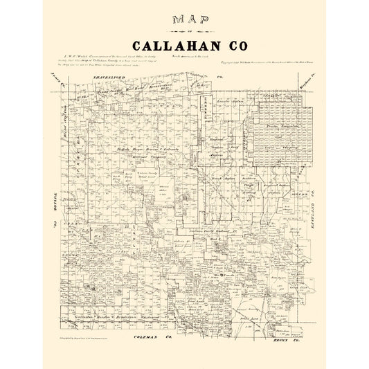 Historic County Map - Callahan County Texas - Walsh 1879 - Vintage Wall Art