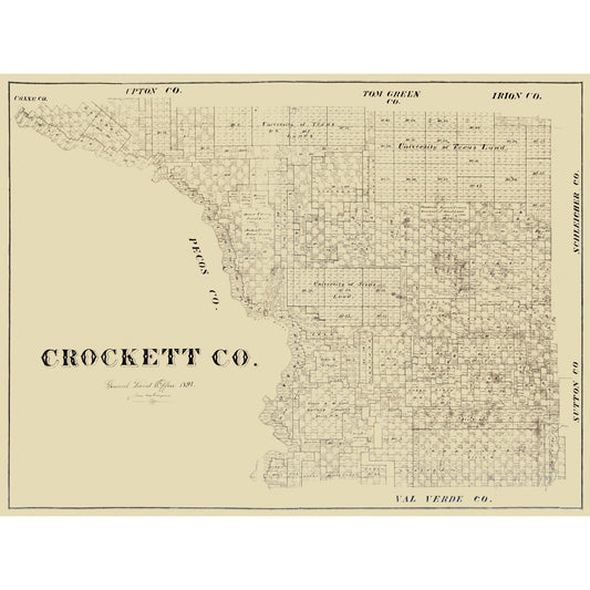Historic County Map - Crockett County Texas - 1894 - Vintage Wall Art