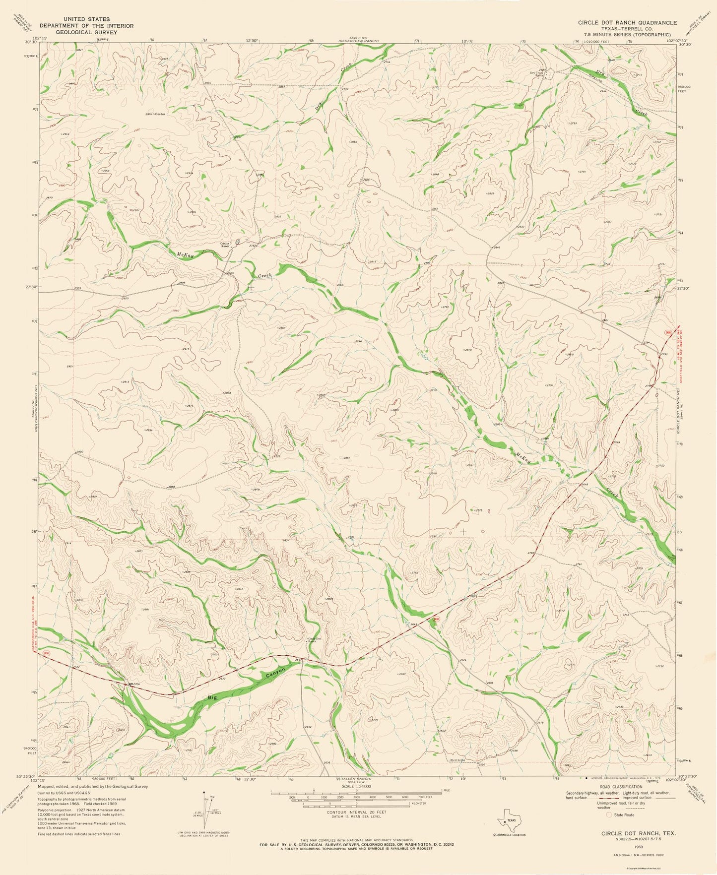 Topographical Map - Circle Dot Ranch Texas Quad - USGS 1969 - 23 x 28.09 - Vintage Wall Art