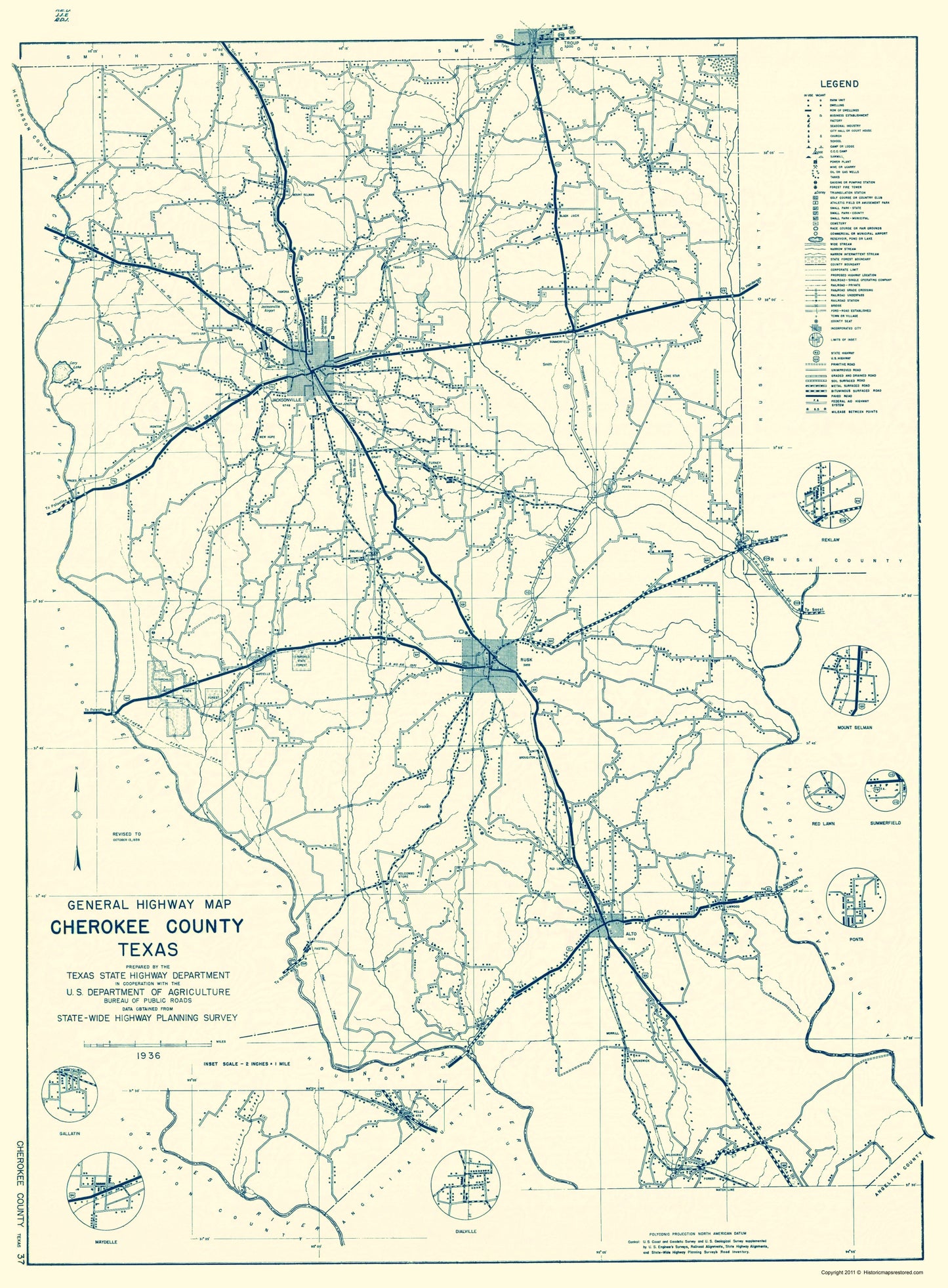 Historic County Map - Cherokee County Texas - Highway Department 1936 - 23 x 31.25 - Vintage Wall Art