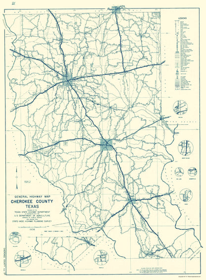 Historic County Map - Cherokee County Texas - Highway Department 1936 - 23 x 31.25 - Vintage Wall Art