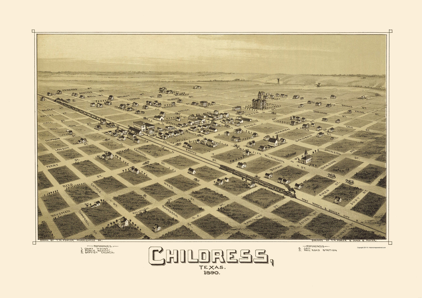 Historic Panoramic View - Childress Texas - Fowler 1890 - 23 x 32.55 - Vintage Wall Art