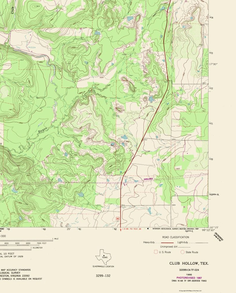 Topographical Map - Club Hollow Texas Quad - USGS 1987 - 23 x 28.54 - Vintage Wall Art