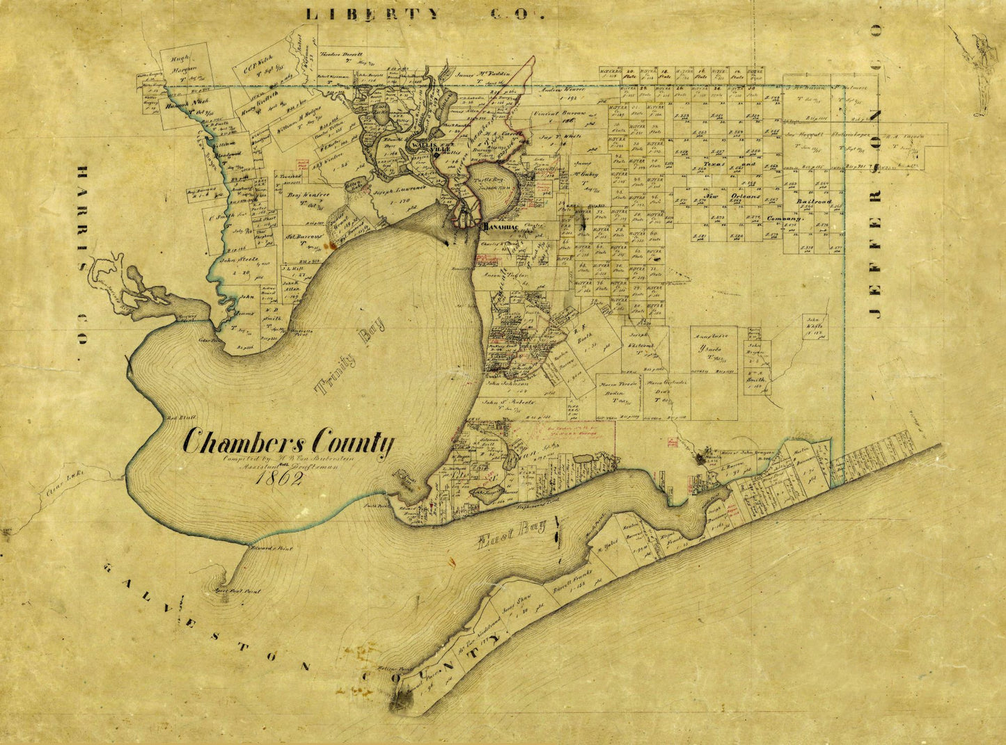 Historic County Map - Chambers County Texas - Bieberstein 1862 - 31.03 x 23 - Vintage Wall Art