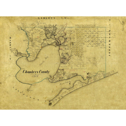 Historic County Map - Chambers County Texas - Bieberstein 1862 - 31.03 x 23 - Vintage Wall Art