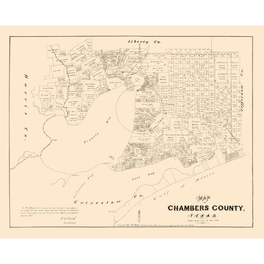 Historic County Map - Chambers County Texas - Walsch 1879 - 28.49 x 23 - Vintage Wall Art