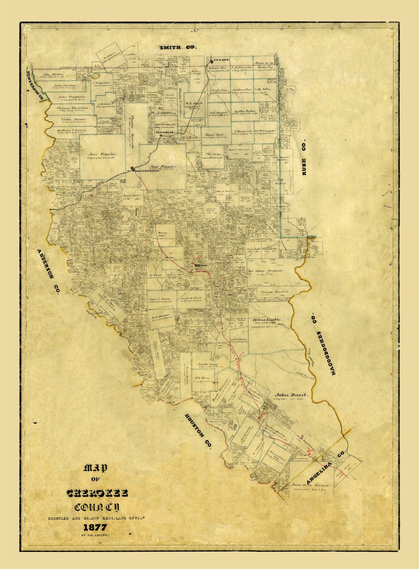 Historic County Map - Cherokee County Texas - Arlitt 1877 - 23 x 31.21 - Vintage Wall Art