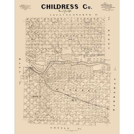 Historic County Map - Childress County Texas - McGaughey 1892 - Vintage Wall Art