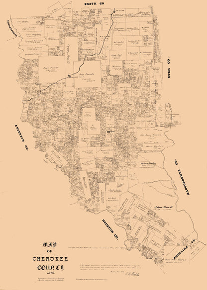 Historic County Map - Cherokee County Texas - Walsh 1879 - 23 x 32.27 - Vintage Wall Art
