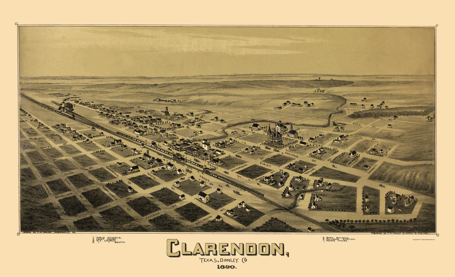 Historic Panoramic View - Clarendon Texas - Fowler 1890 - 23 x 37.76 - Vintage Wall Art