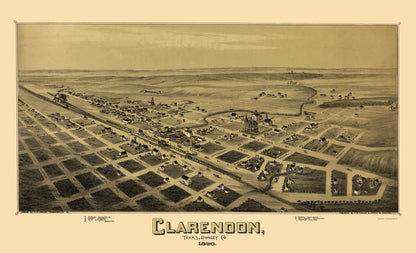 Historic Panoramic View - Clarendon Texas - Fowler 1890 - 23 x 37.76 - Vintage Wall Art