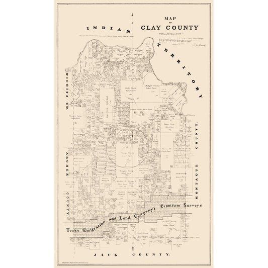 Historic County Map - Clay County Texas - Walsh 1880 - Vintage Wall Art
