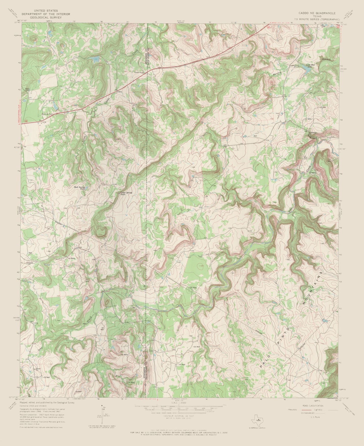 Topographical Map - Caddo Texas North East Quad - USGS 1967 - 23 x 28.17 - Vintage Wall Art
