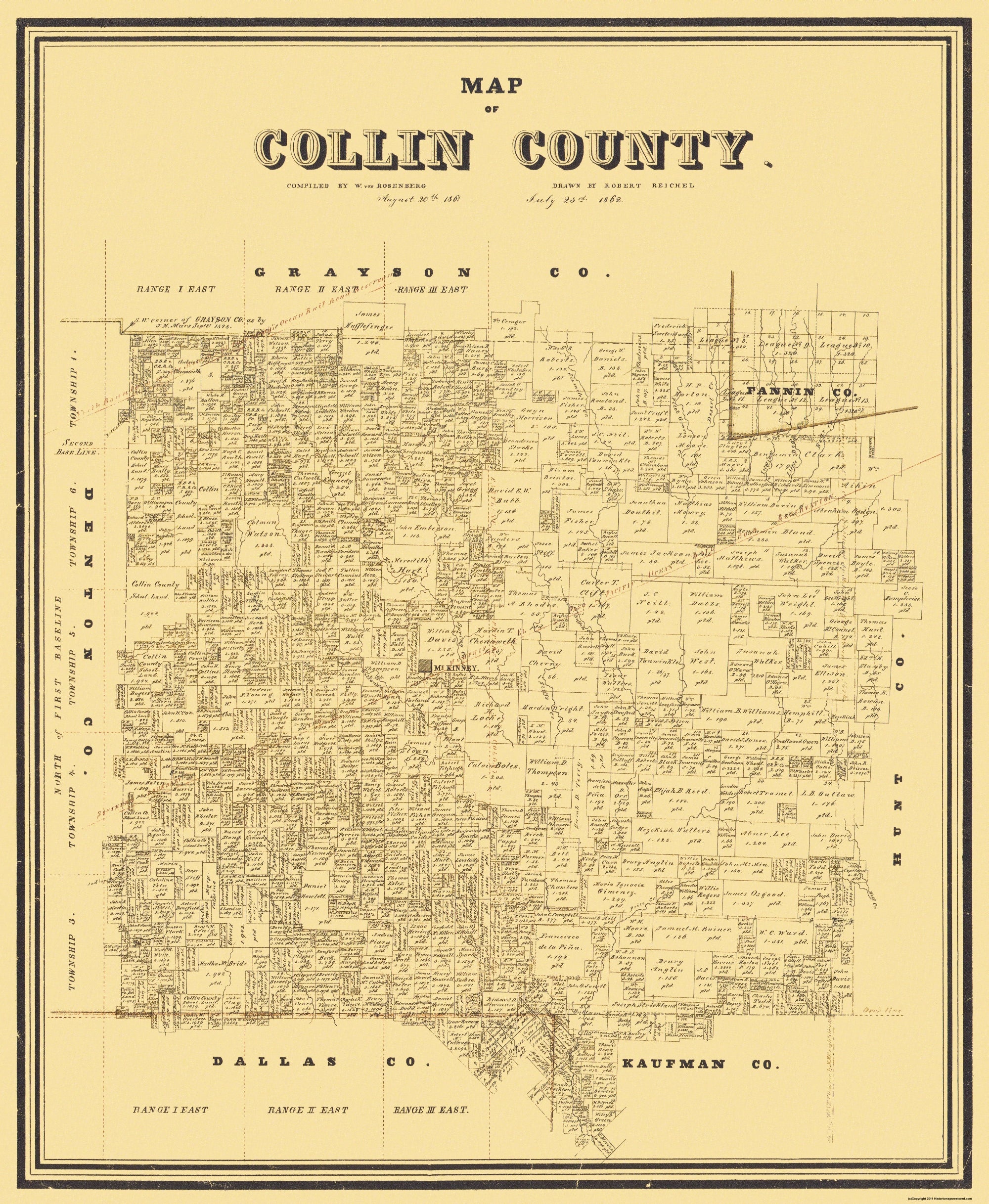 Collin Map Historic County Map - Collin Texas - Rosenberg 1861 - 23 x 28 - Vintag ...
