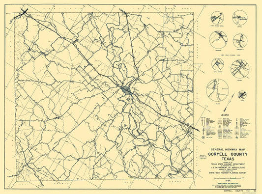 Historic County Map - Coryell County Texas - Highway Department 1936 - 23 x 31.04 - Vintage Wall Art
