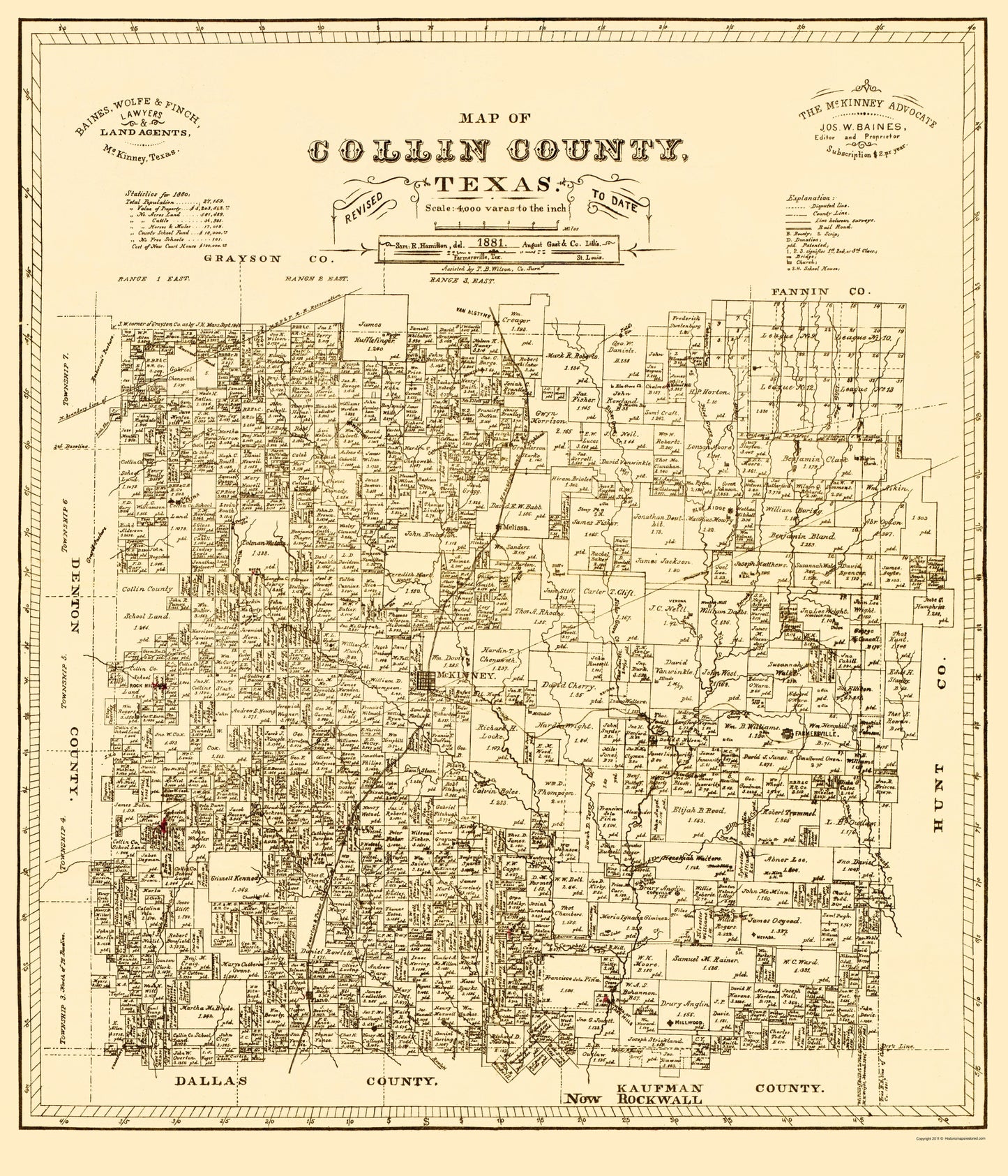 Historic County Map - Collin County Texas - Gast 1881 - 23 x 26.81 - Vintage Wall Art