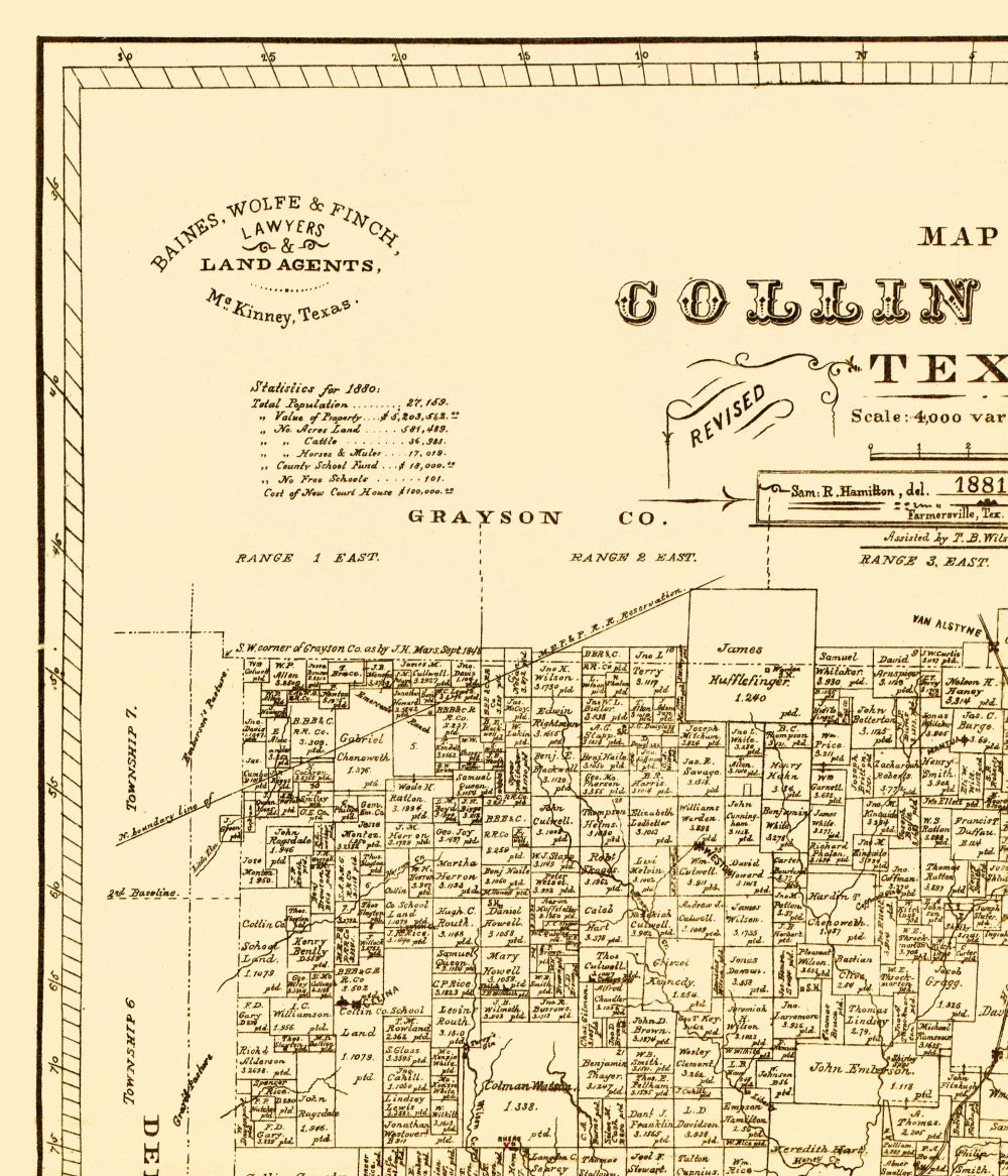 Historic County Map - Collin County Texas - Gast 1881 - 23 x 26.81 - Vintage Wall Art