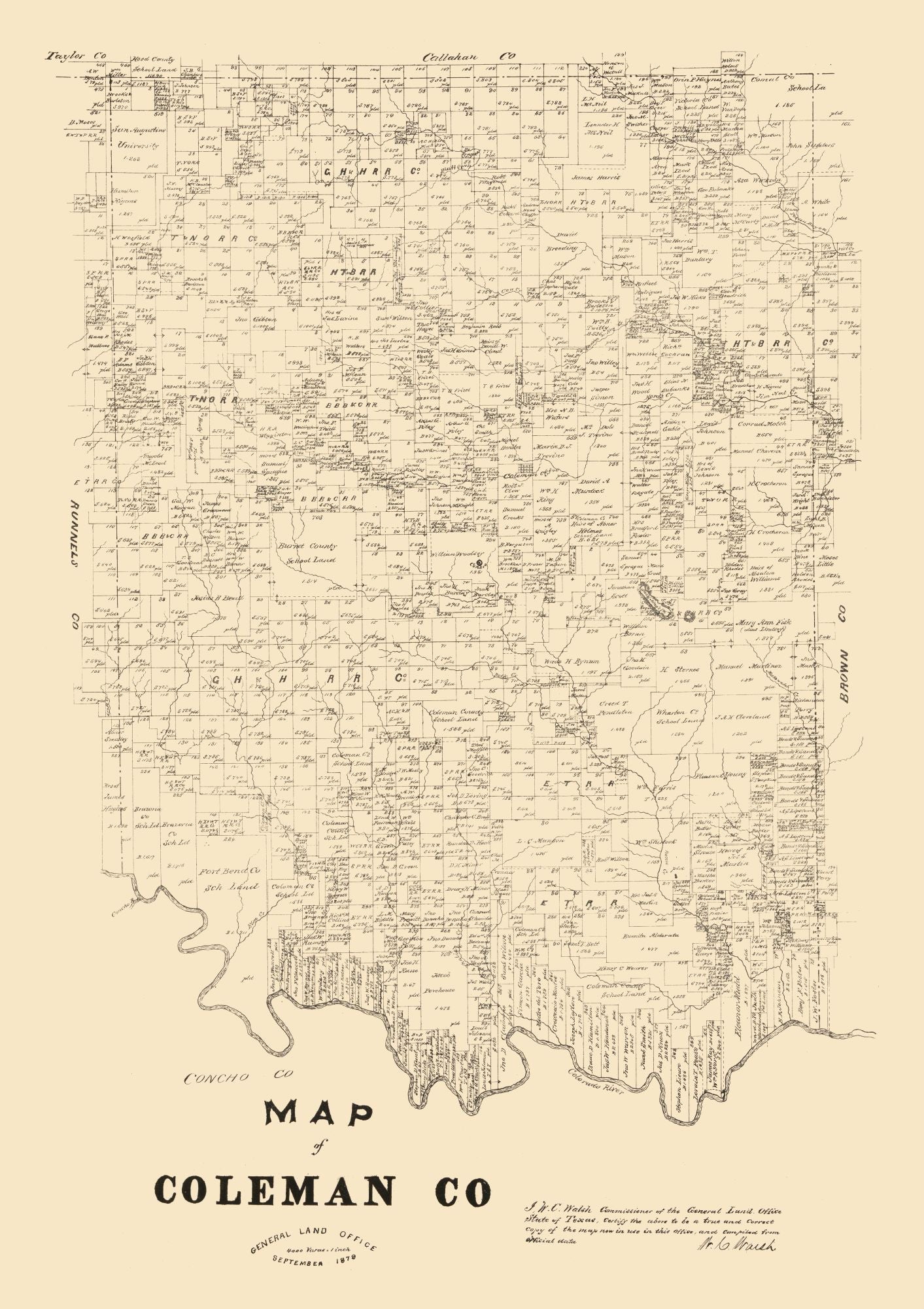 Historic County Map - Coleman County Texas - Walsh 1879 - 23 x 32.56 ...