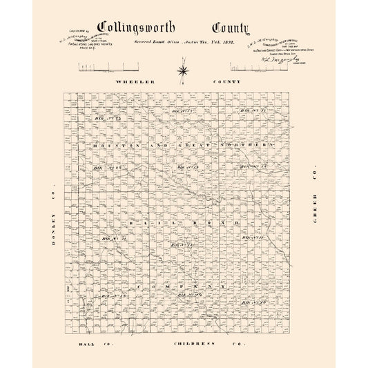 Historic County Map - Collingsworth County Texas - General Land Office 1892 - 23 x 27.91 - Vintage Wall Art