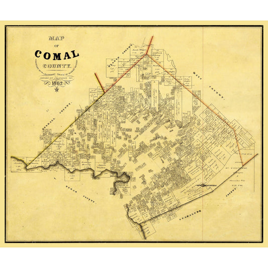 Historic County Map - Comal County Texas - Rosenberg 1862 - 27.15 x 23 - Vintage Wall Art