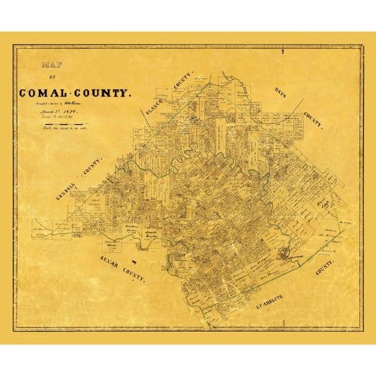 Historic County Map - Comal County Texas - Groos 1874 - 27.62 x 23 - Vintage Wall Art