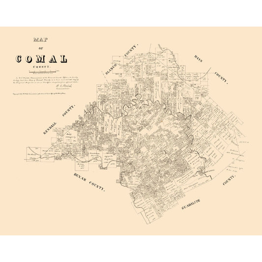 Historic County Map - Comal County Texas - Walsh 1879 - 28.86 x 23 - Vintage Wall Art