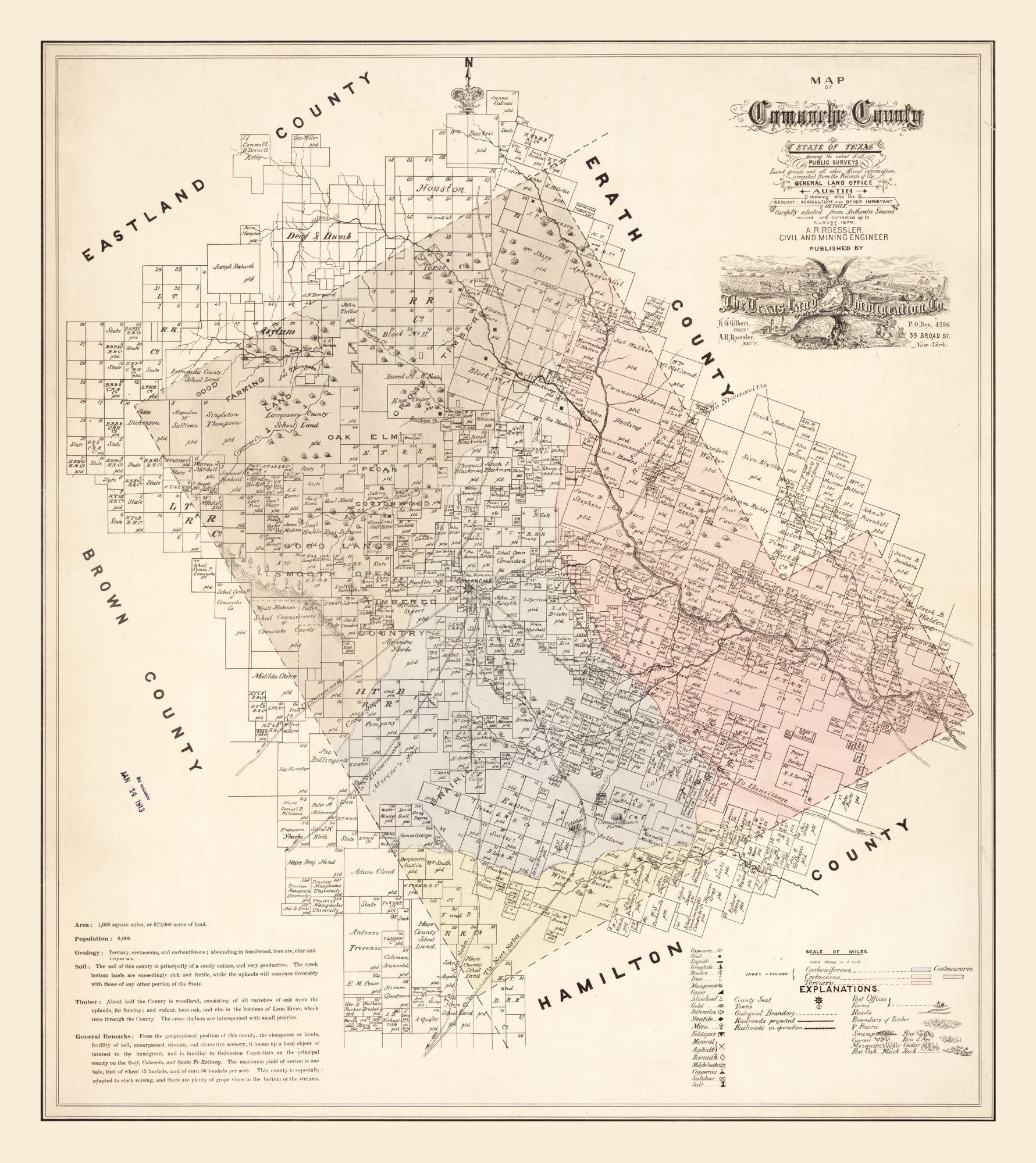 Historic County Map - Comanche County Texas - Roessler 1876 - 23 x 25 ...