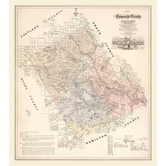 Historic County Map - Comanche County Texas - Roessler 1876 - Vintage Wall Art