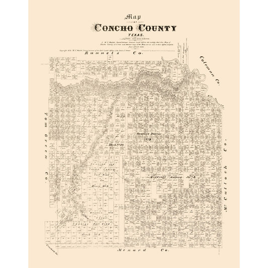 Historic County Map - Concho County Texas - Walsh 1879 - Vintage Wall Art