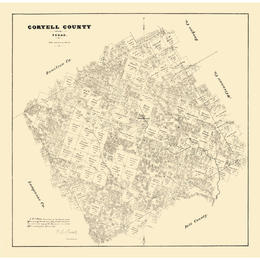 Historic County Map - Coryell County Texas - Walsh 1879 - Vintage Wall Art
