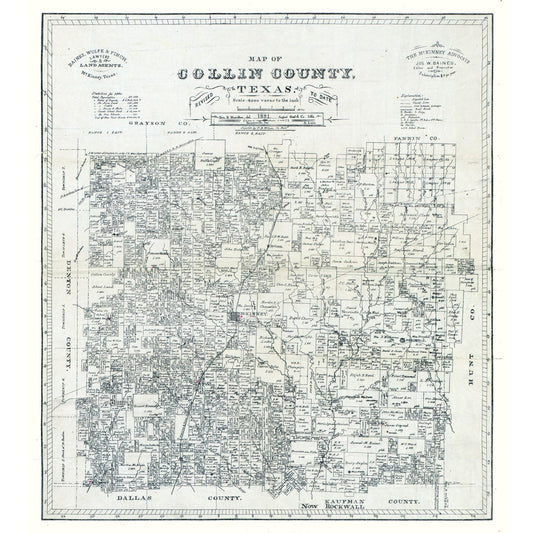 Historic County Map - Collin County Texas - Gast 1881 - Vintage Wall Art