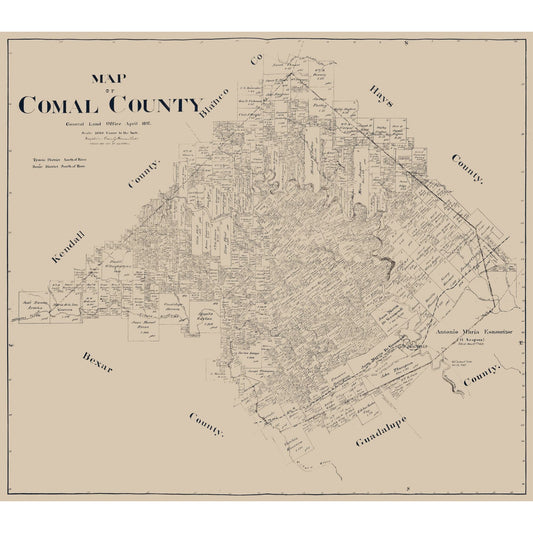 Historic County Map - Comal County Texas - Pressler 1897 - Vintage Wall Art